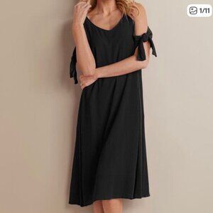 Soft Surroundings Black Crinkled Gauze Cold Shoulder Tassel Shift Dress Size M